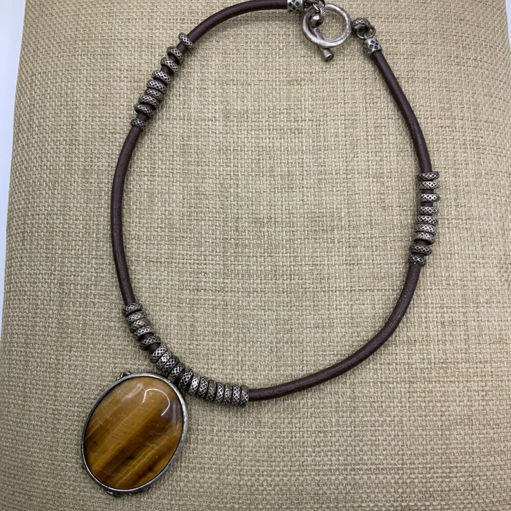 Lucky Brand Tiger Eye Pendant Leather Cord Silver Distressed Tone Boho Necklace - Picture 2 of 7
